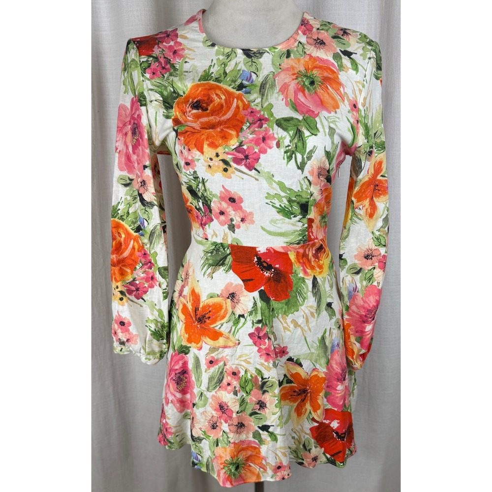 Zara Floral Open Back Mini Dress Long Sleeve Multicolor Cutout Boho Chic Size XS